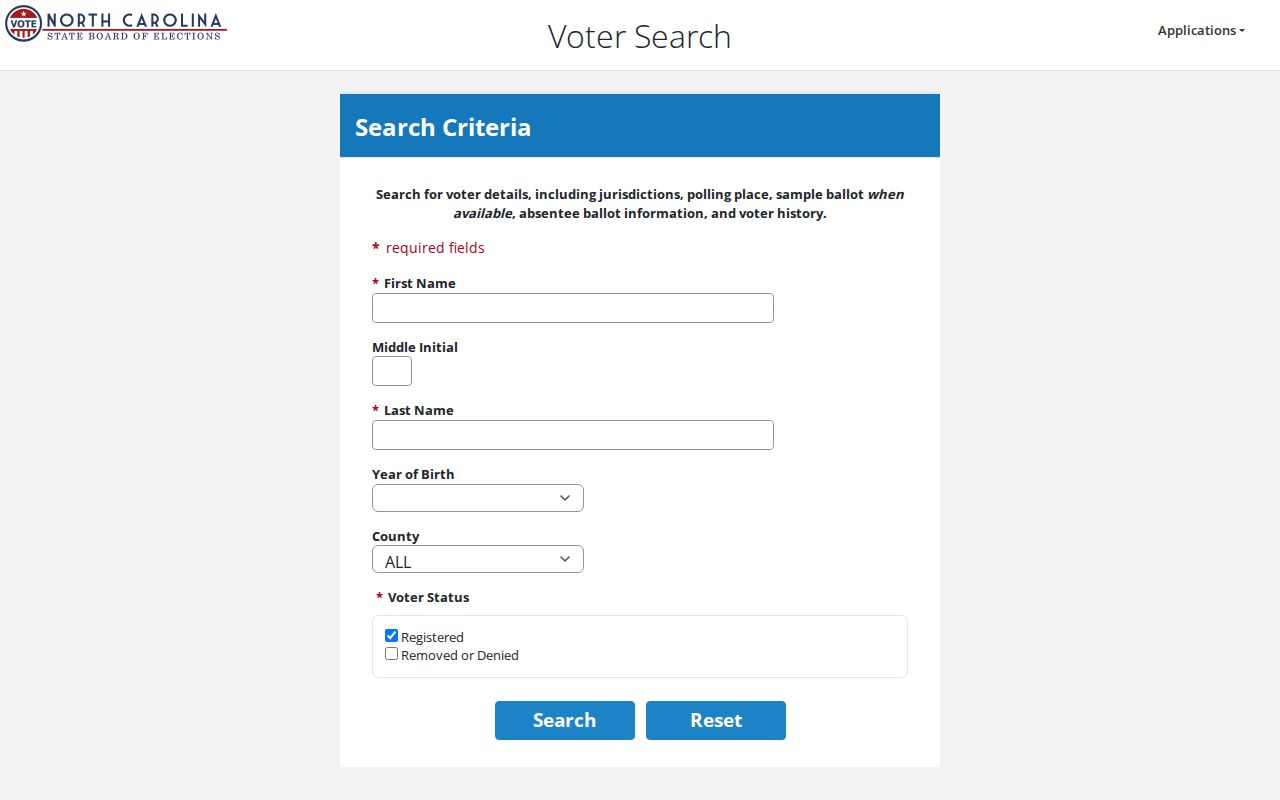 Indian Trail voter registration lookup fields in North Carolina Voter Search